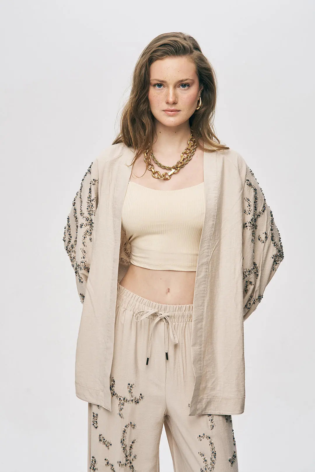 Orfeonegro Boncuk İşlemeli Oversize Kimono Açık Bej ORFEONEGRO