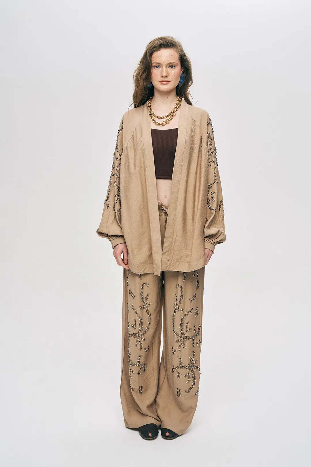 Orfeonegro Boncuk İşlemeli Oversize Kimono Bej ORFEONEGRO