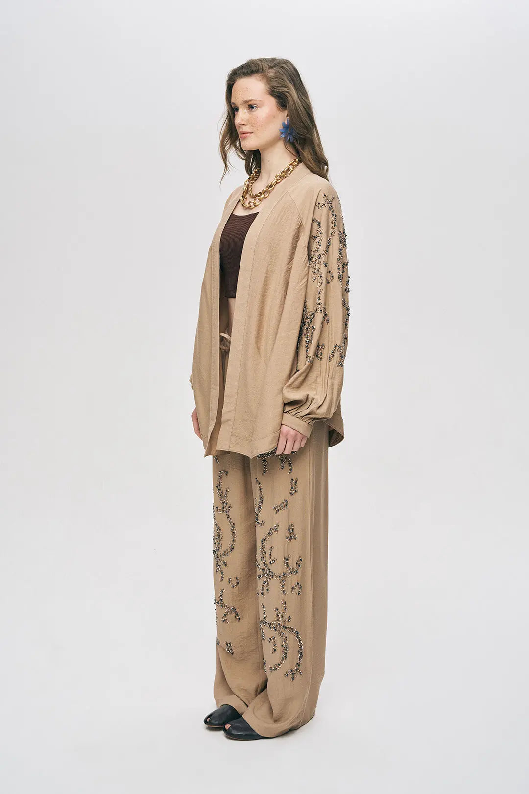 Orfeonegro Boncuk İşlemeli Oversize Kimono Bej ORFEONEGRO
