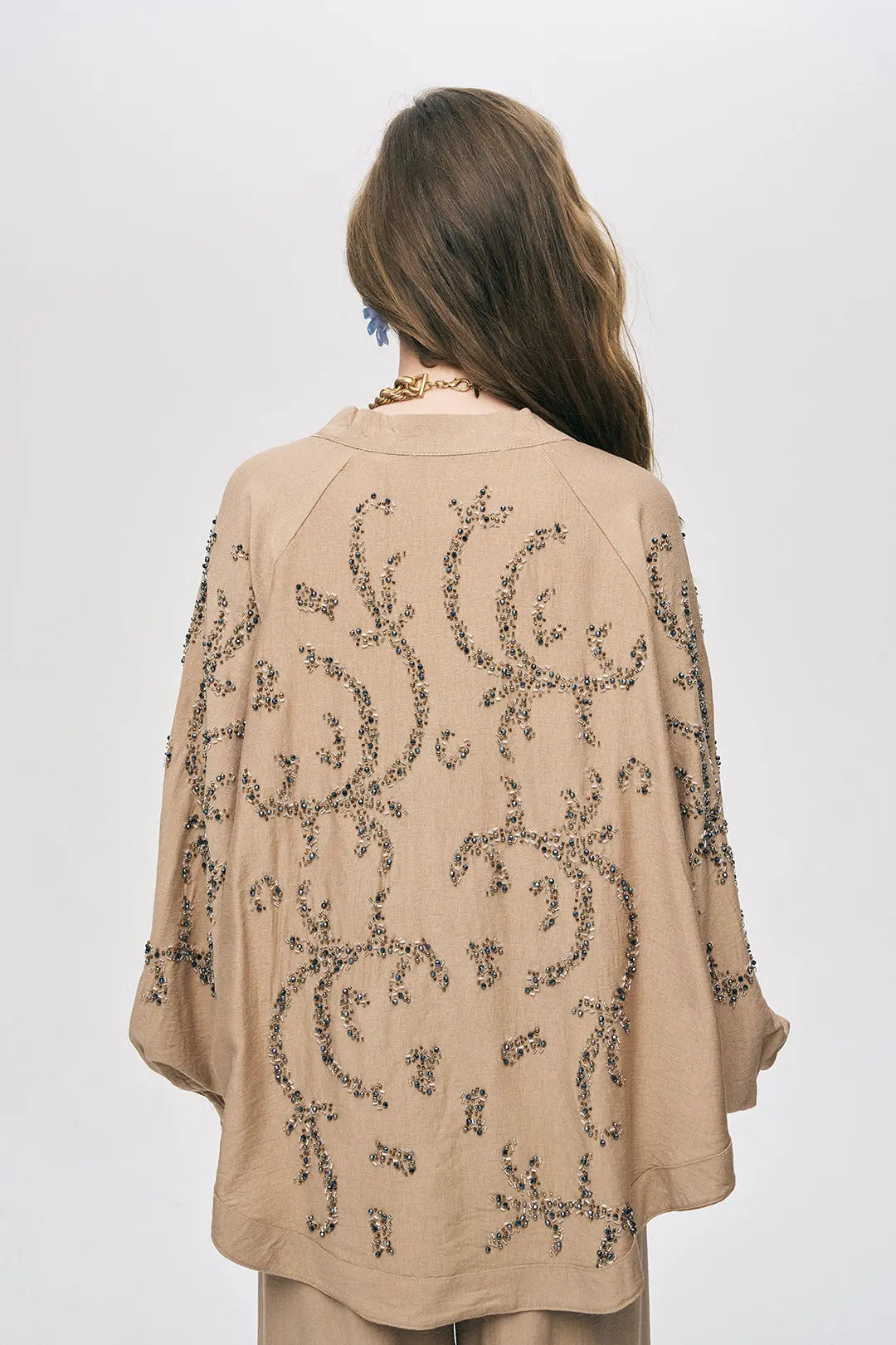 Orfeonegro Boncuk İşlemeli Oversize Kimono Bej ORFEONEGRO