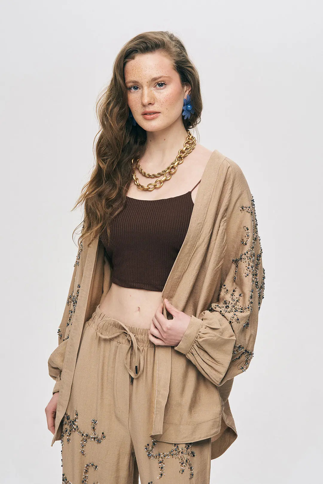 Orfeonegro Boncuk İşlemeli Oversize Kimono Bej ORFEONEGRO