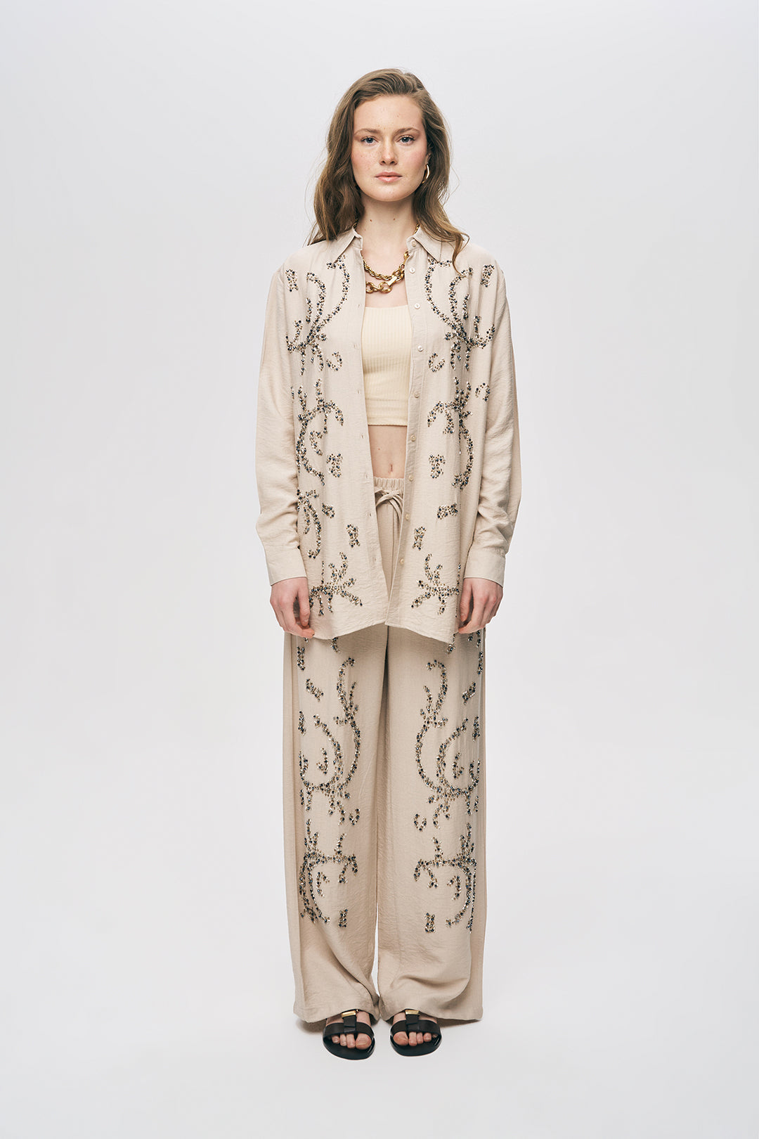 Orfeonegro Boncuk İşlemeli Oversize Gömlek Açık Bej