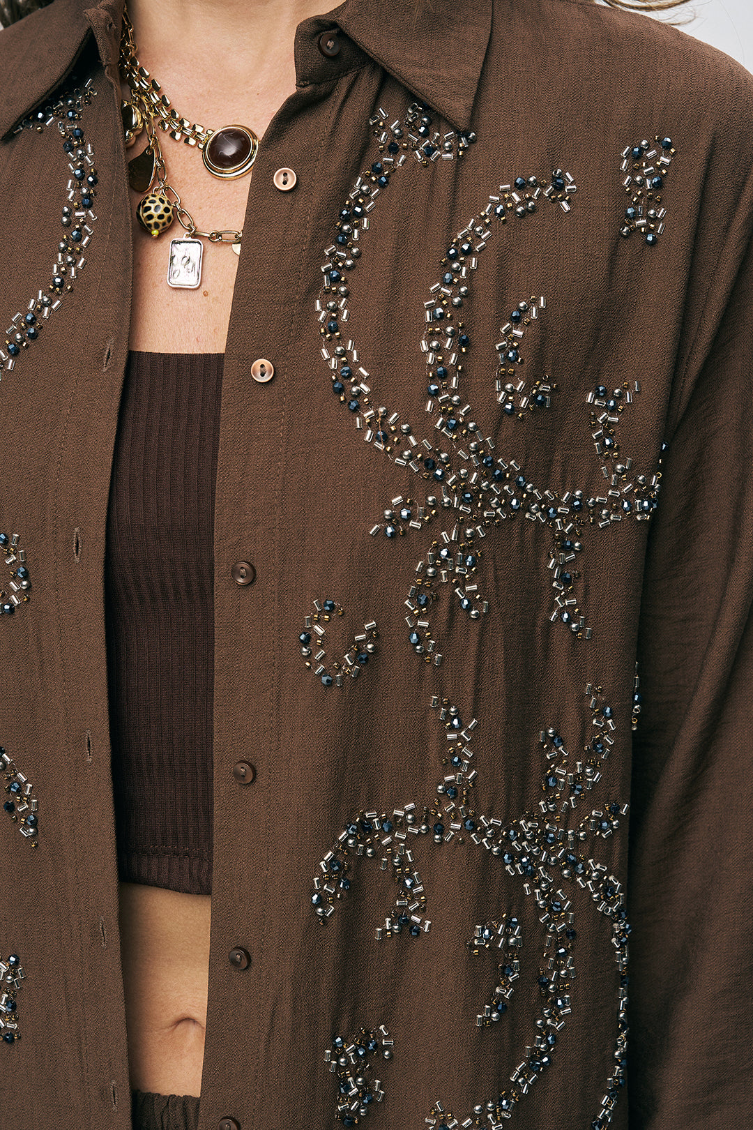 Orfeonegro Boncuk İşlemeli Oversize Gömlek K.Kahve