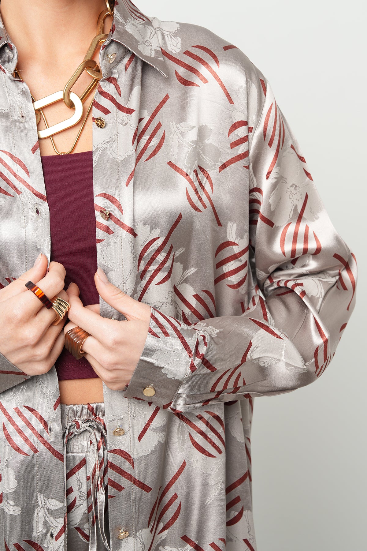 Orfeonegro Geometrik Desenli Oversize Saten Gömlek