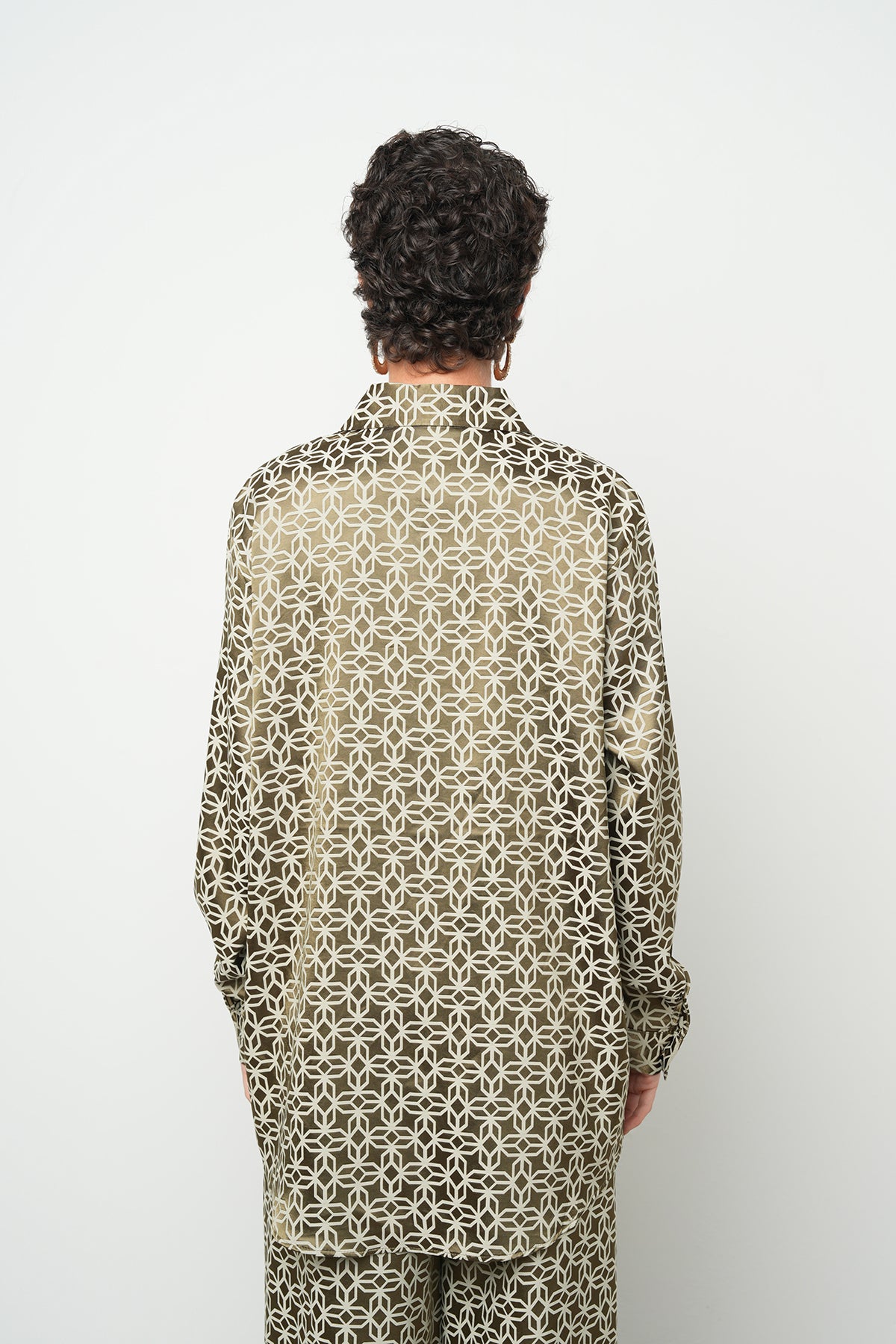 Orfeonegro Desenli Oversize Haki Saten Gömlek