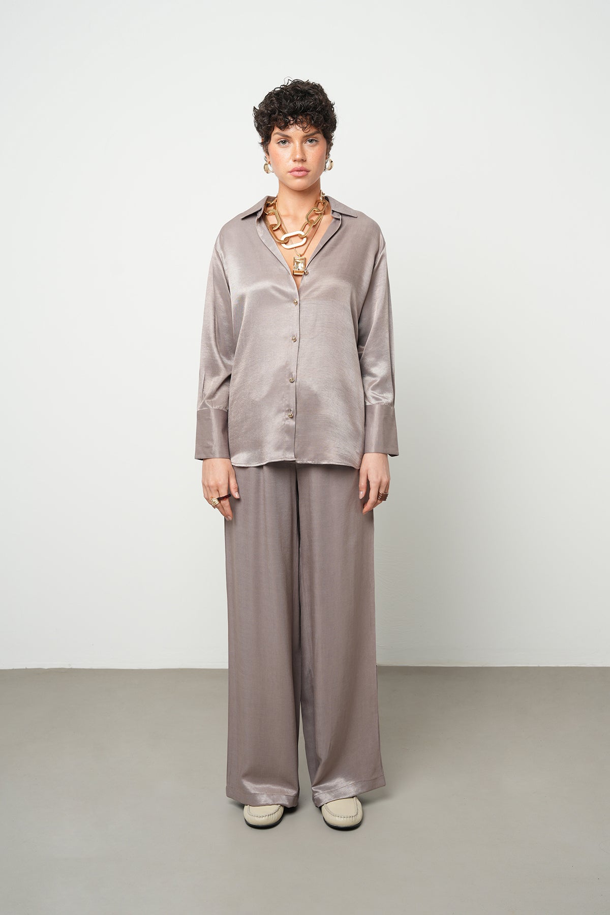 Orfeonegro Düz Saten Gömlek Vizon