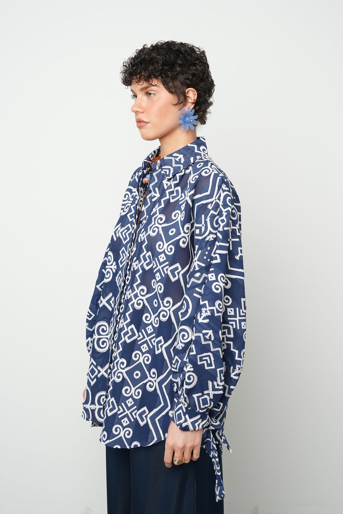 Orfeonegro Koldan Bağlama Detaylı Oversize Gömlek Lacivert