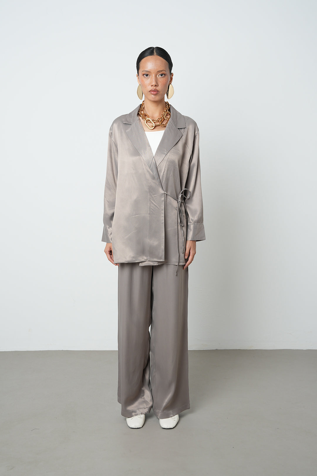 Orfeonegro Saten İp Detaylı Ceket Vizon