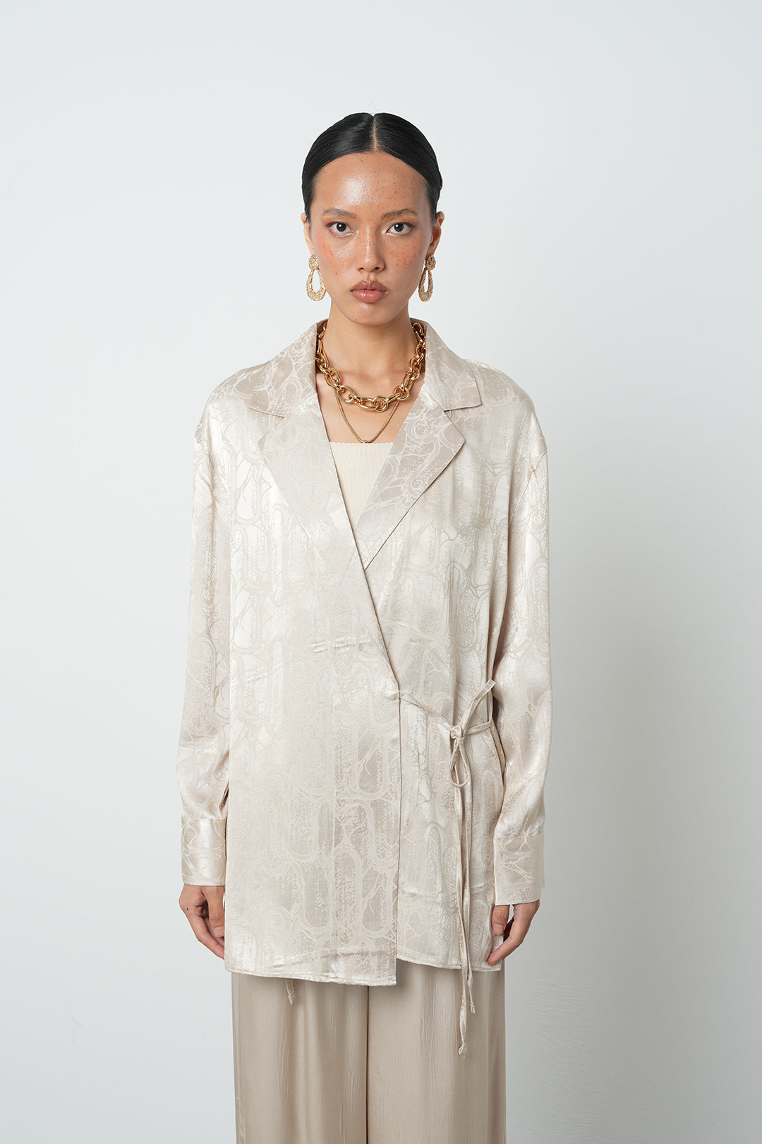 Orfeonegro İp Detaylı Jakar Kumaş Ceket A.bej