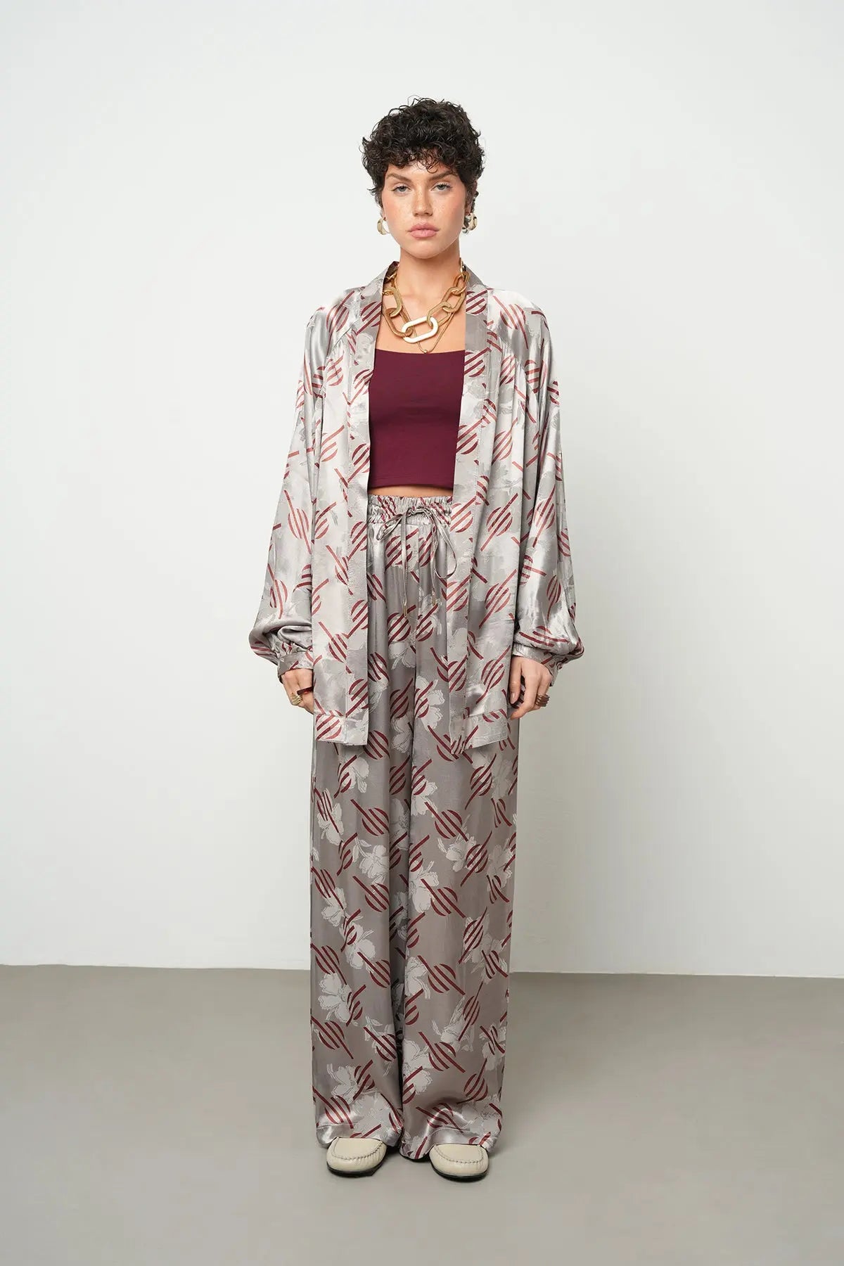 Orfeonegro Geometrik Desenli Oversize Kesim Saten Kimono ORFEONEGRO