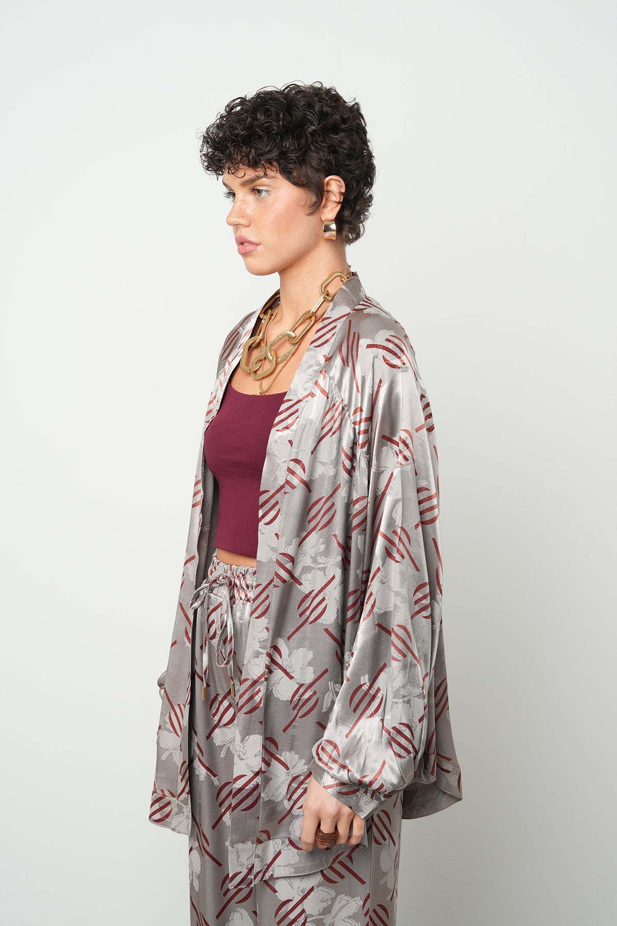 Orfeonegro Geometrik Desenli Oversize Kesim Saten Kimono ORFEONEGRO