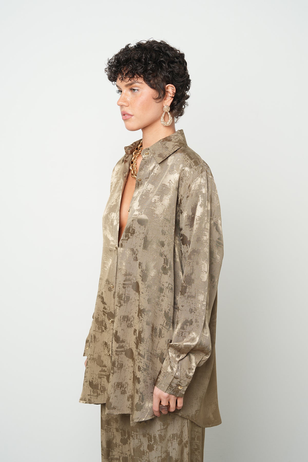 Orfeonegro Desenli Haki Saten Oversize Gömlek