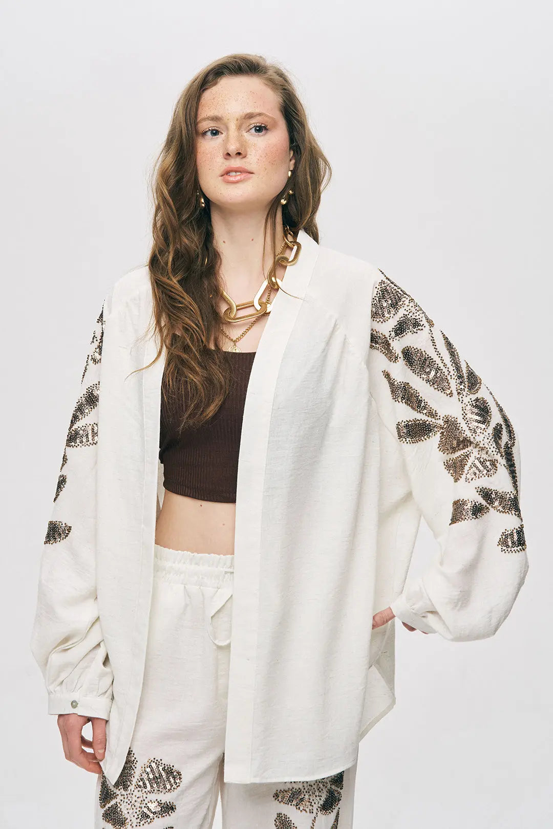 Toptan Kadın Oversize Çiçek Taş İşlemeli Kimono ORFEONEGRO