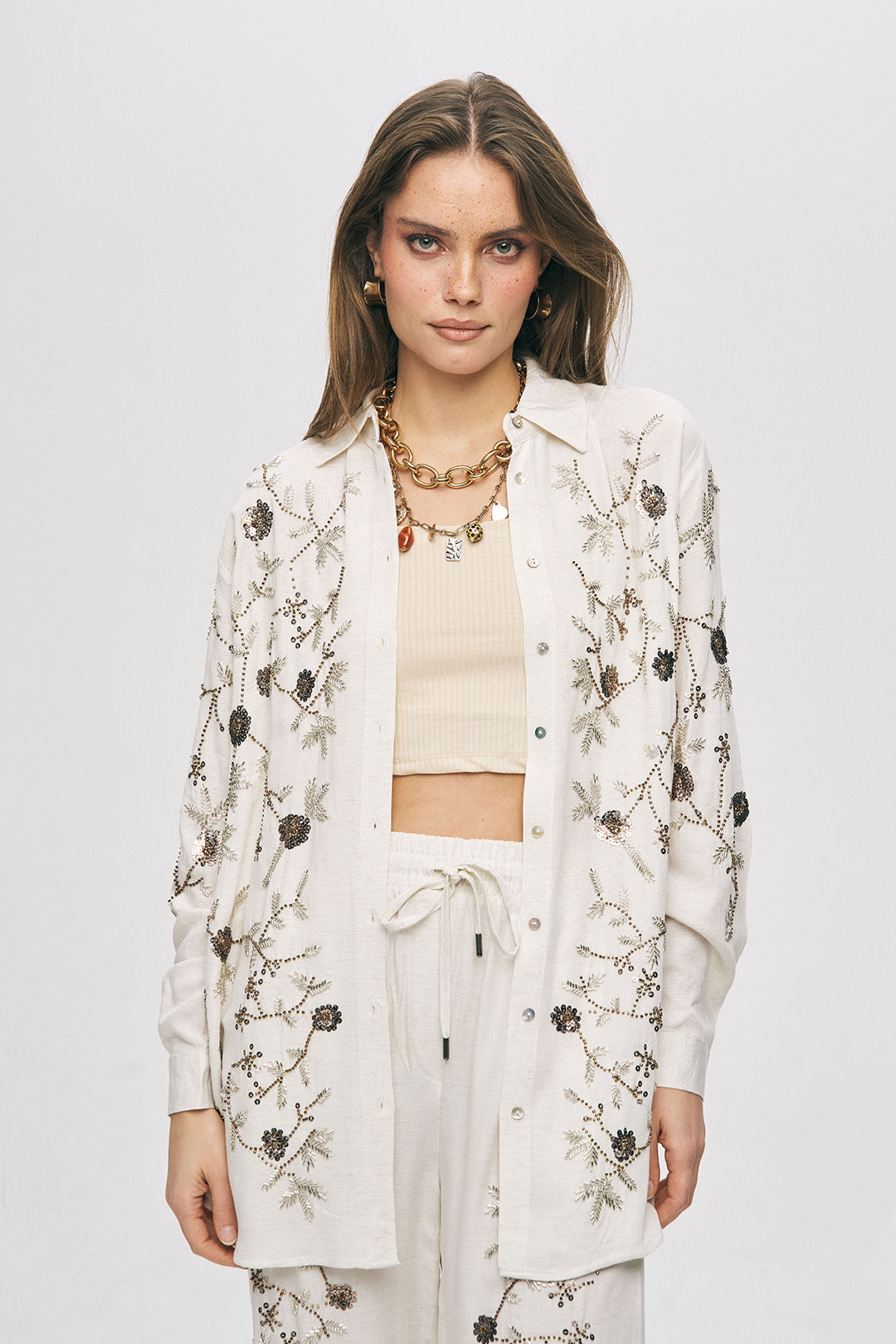 Orfeonegro Çiçek Nakışlı Oversize Gömlek