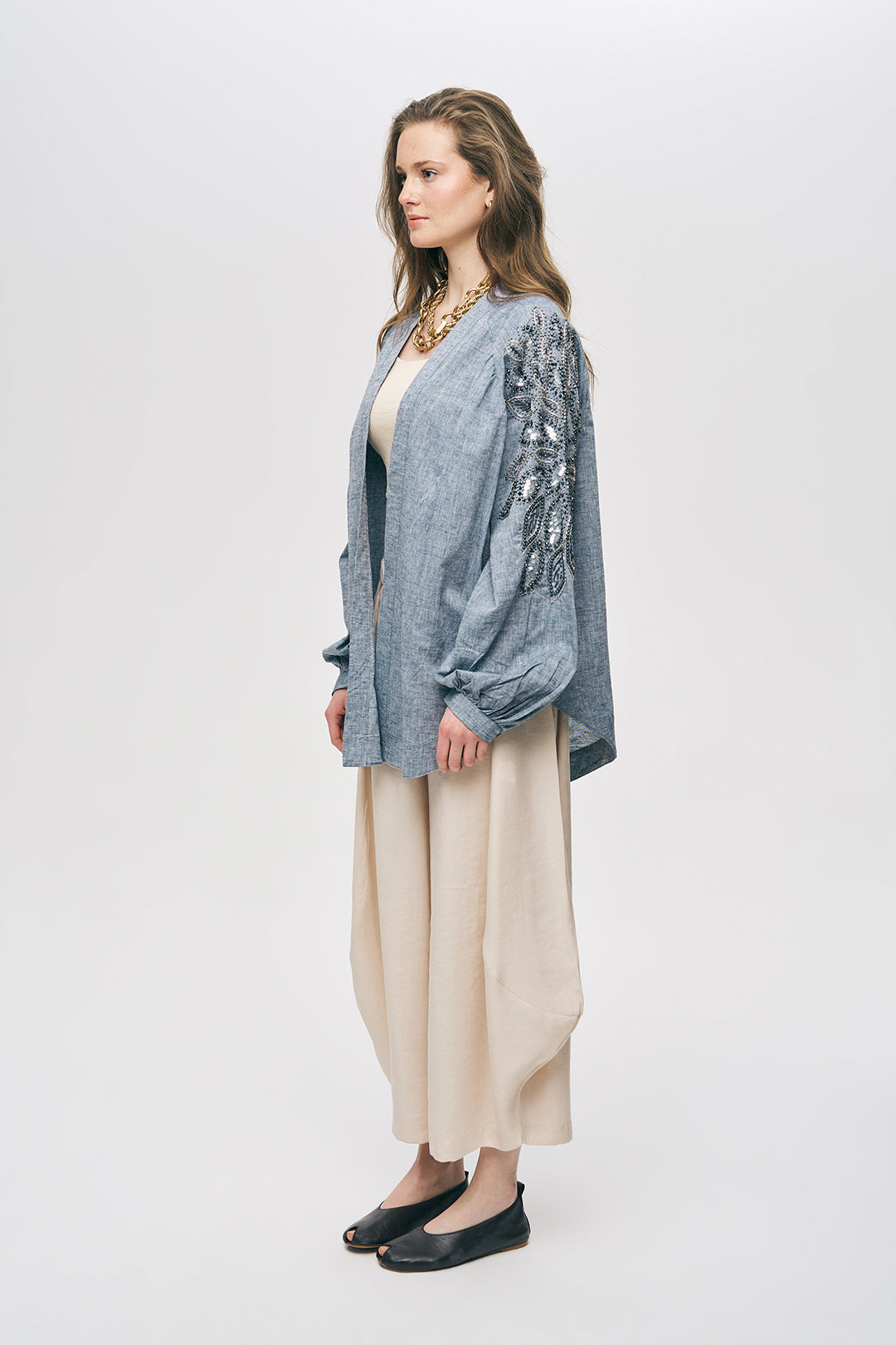 Antrasit Sırtı Nakış ve Pul İşlemeli Oversize Kimono