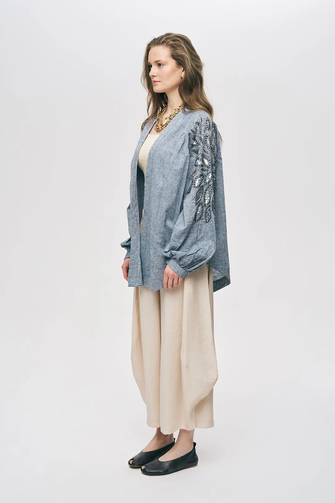 Antrasit Sırtı Nakış ve Pul İşlemeli Oversize Kimono ORFEONEGRO