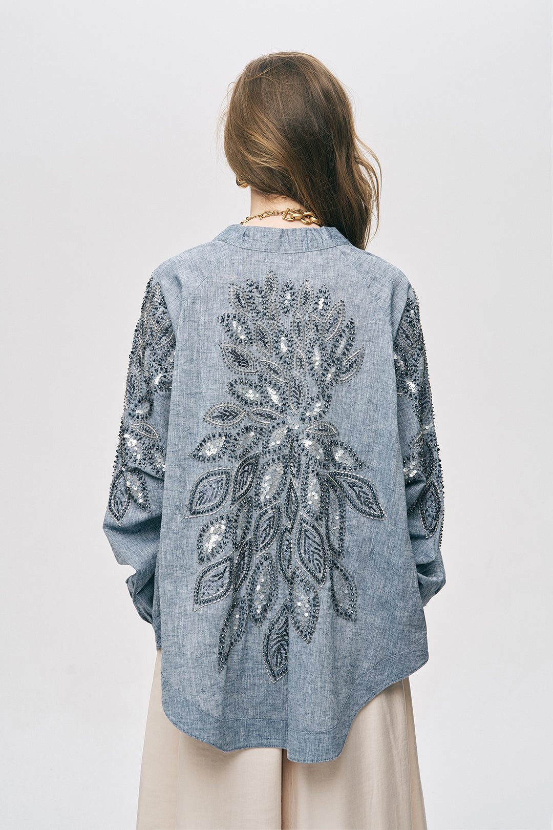 Antrasit Sırtı Nakış ve Pul İşlemeli Oversize Kimono