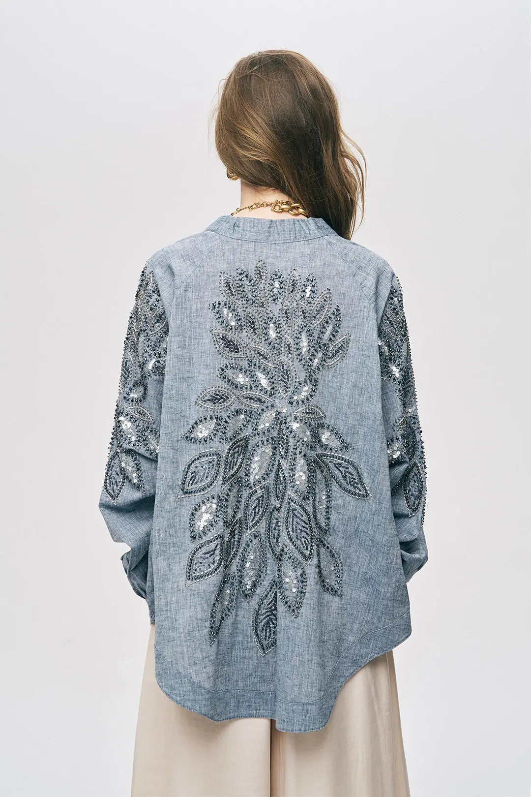 Antrasit Sırtı Nakış ve Pul İşlemeli Oversize Kimono ORFEONEGRO