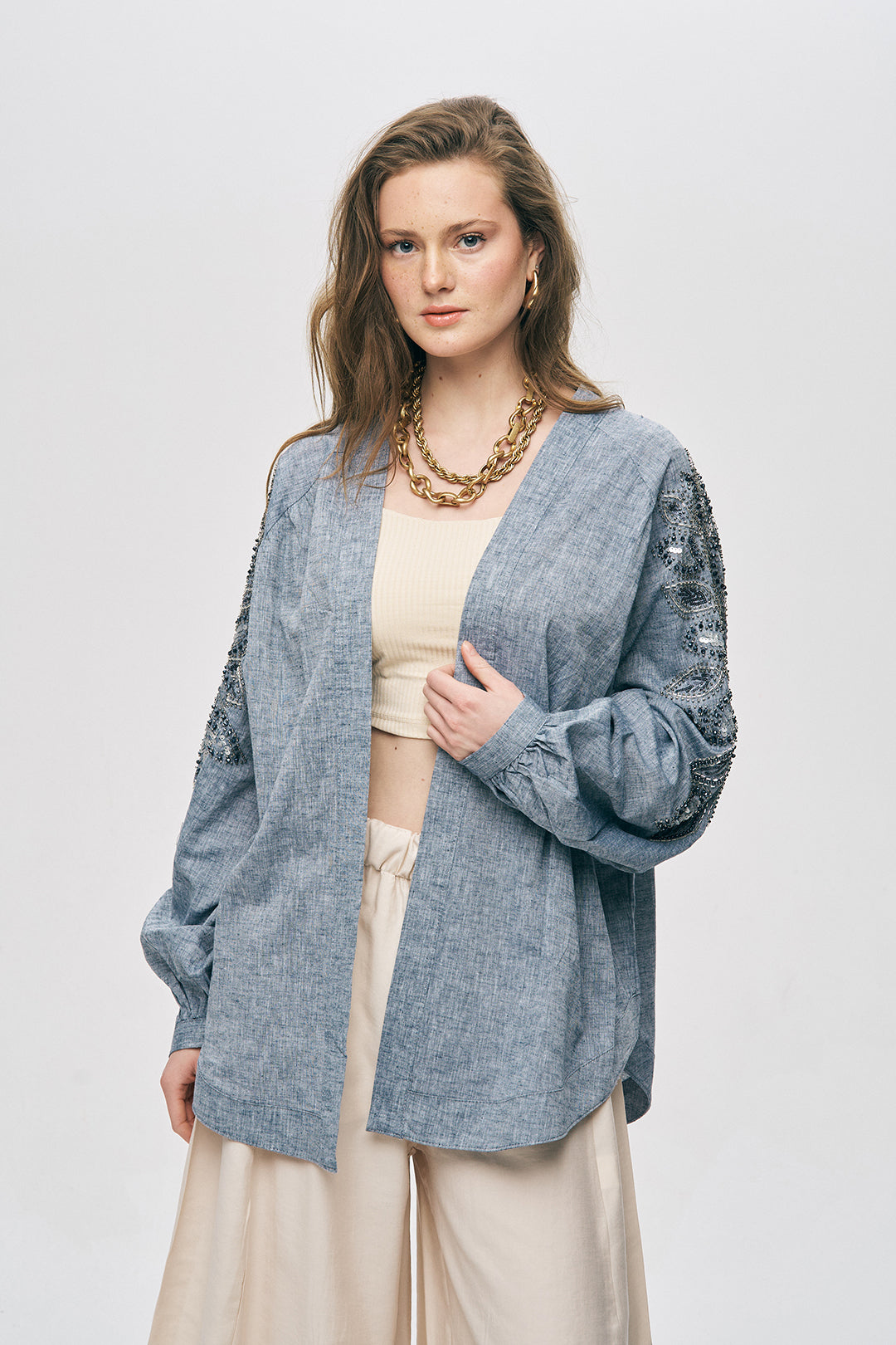 Antrasit Sırtı Nakış ve Pul İşlemeli Oversize Kimono