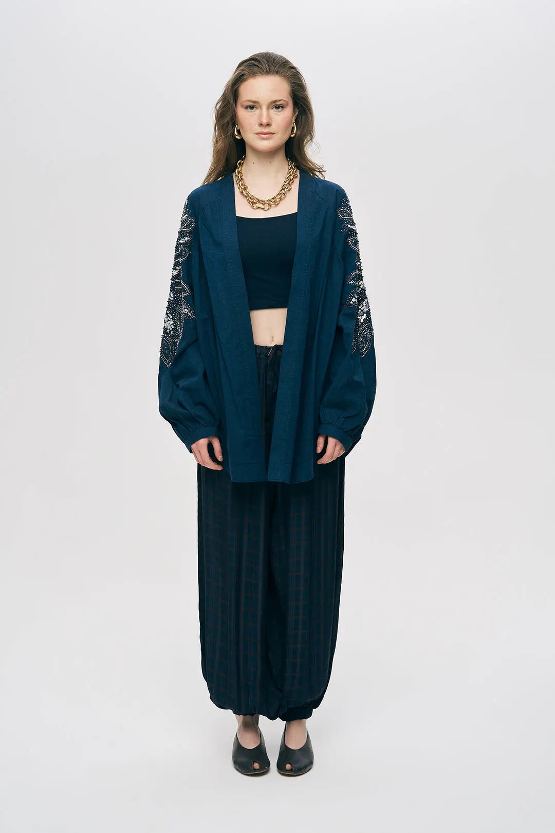 Lacivert Sırtı Nakış ve Pul İşlemeli Oversize Kimono ORFEONEGRO