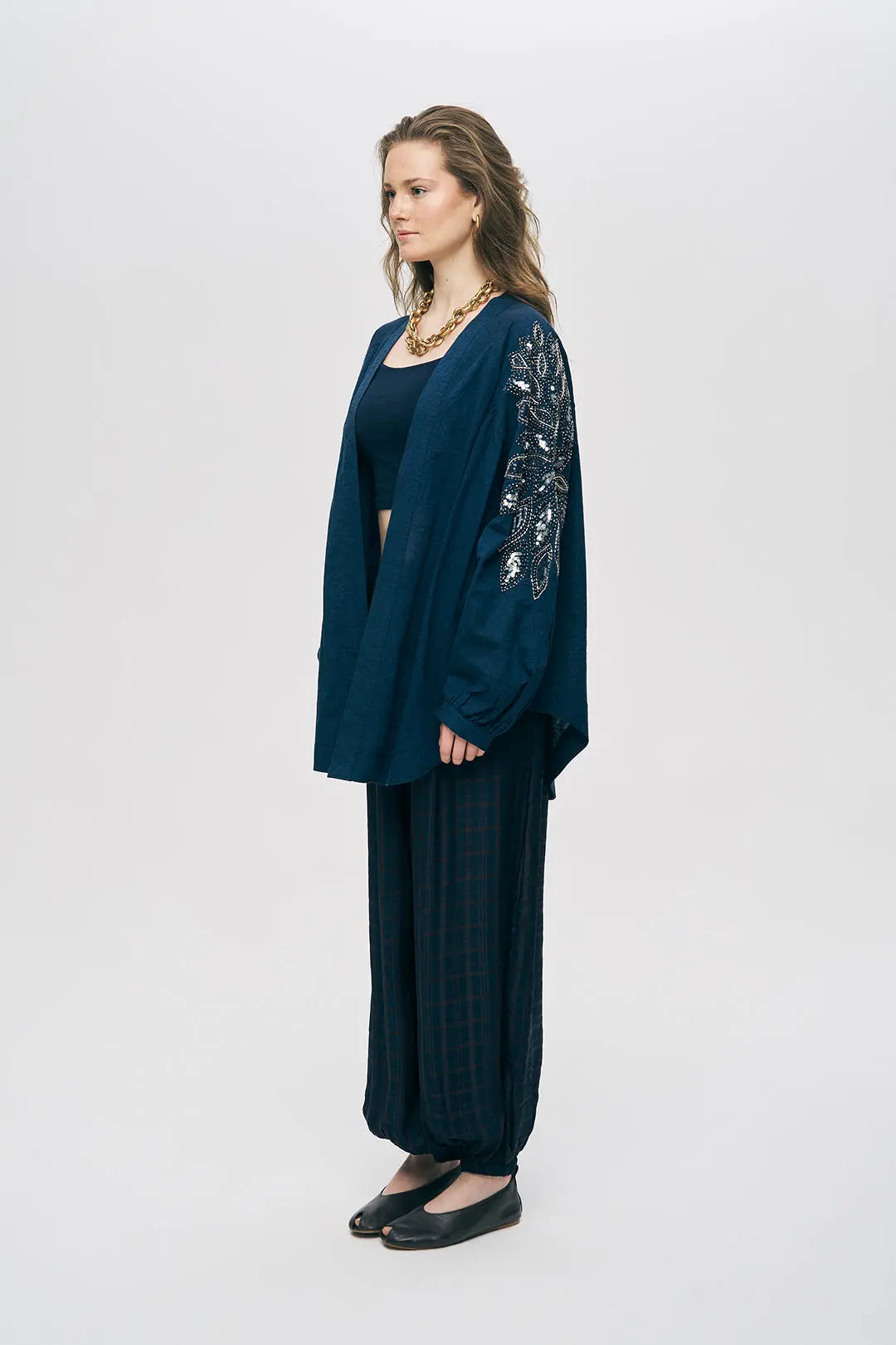 Lacivert Sırtı Nakış ve Pul İşlemeli Oversize Kimono ORFEONEGRO