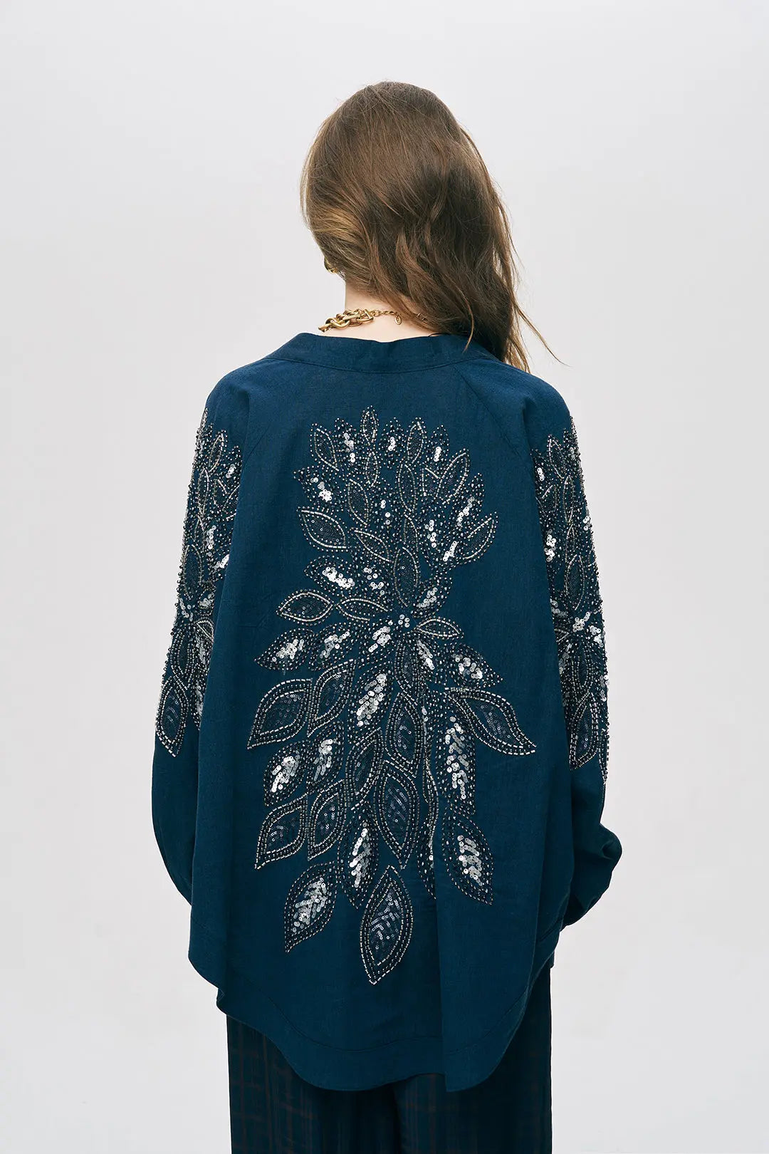 Lacivert Sırtı Nakış ve Pul İşlemeli Oversize Kimono ORFEONEGRO
