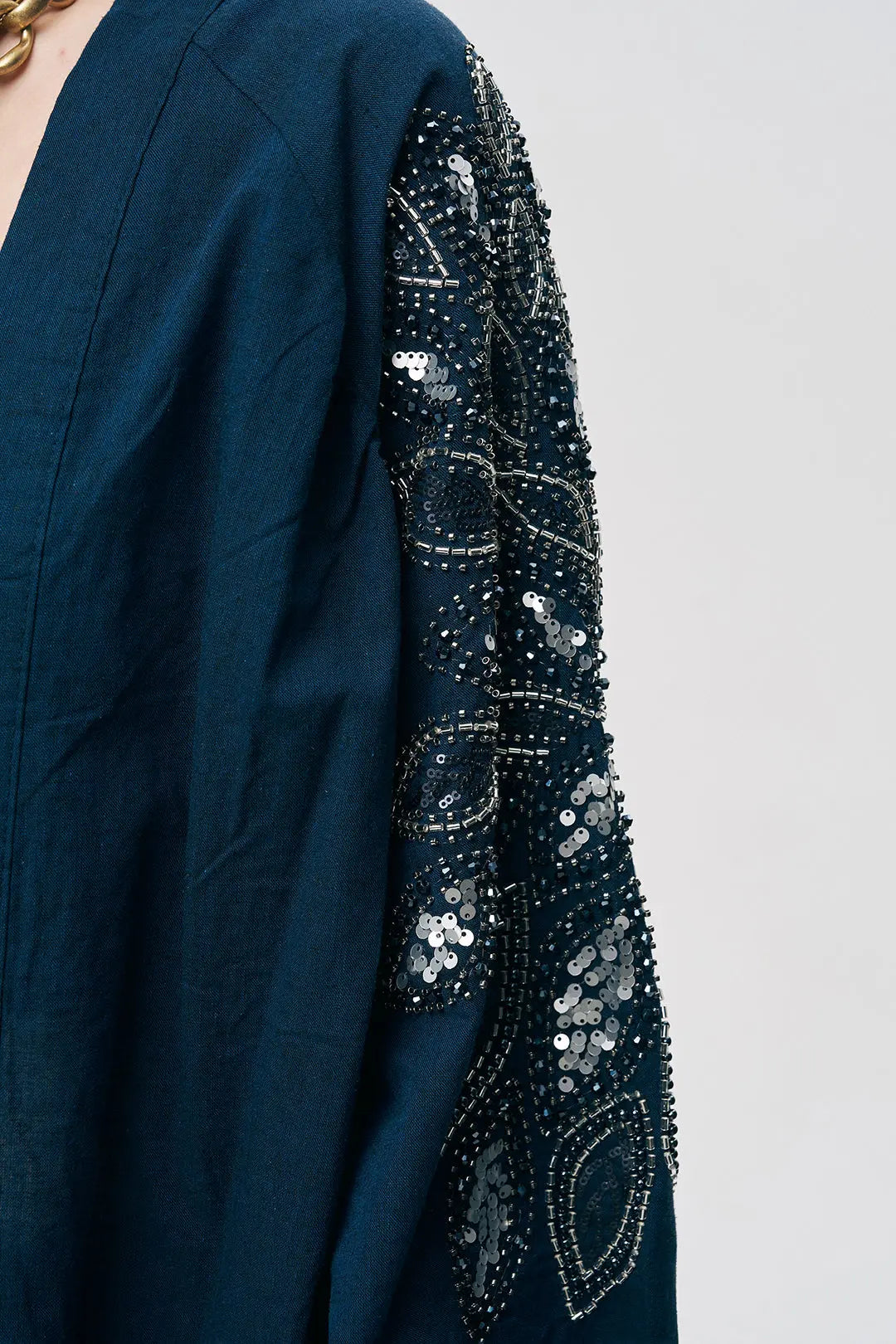 Lacivert Sırtı Nakış ve Pul İşlemeli Oversize Kimono ORFEONEGRO