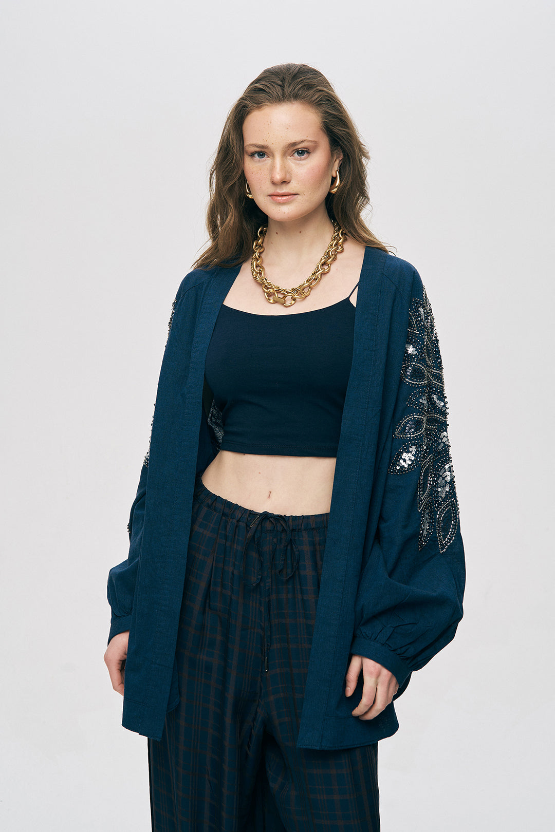 Lacivert Sırtı Nakış ve Pul İşlemeli Oversize Kimono