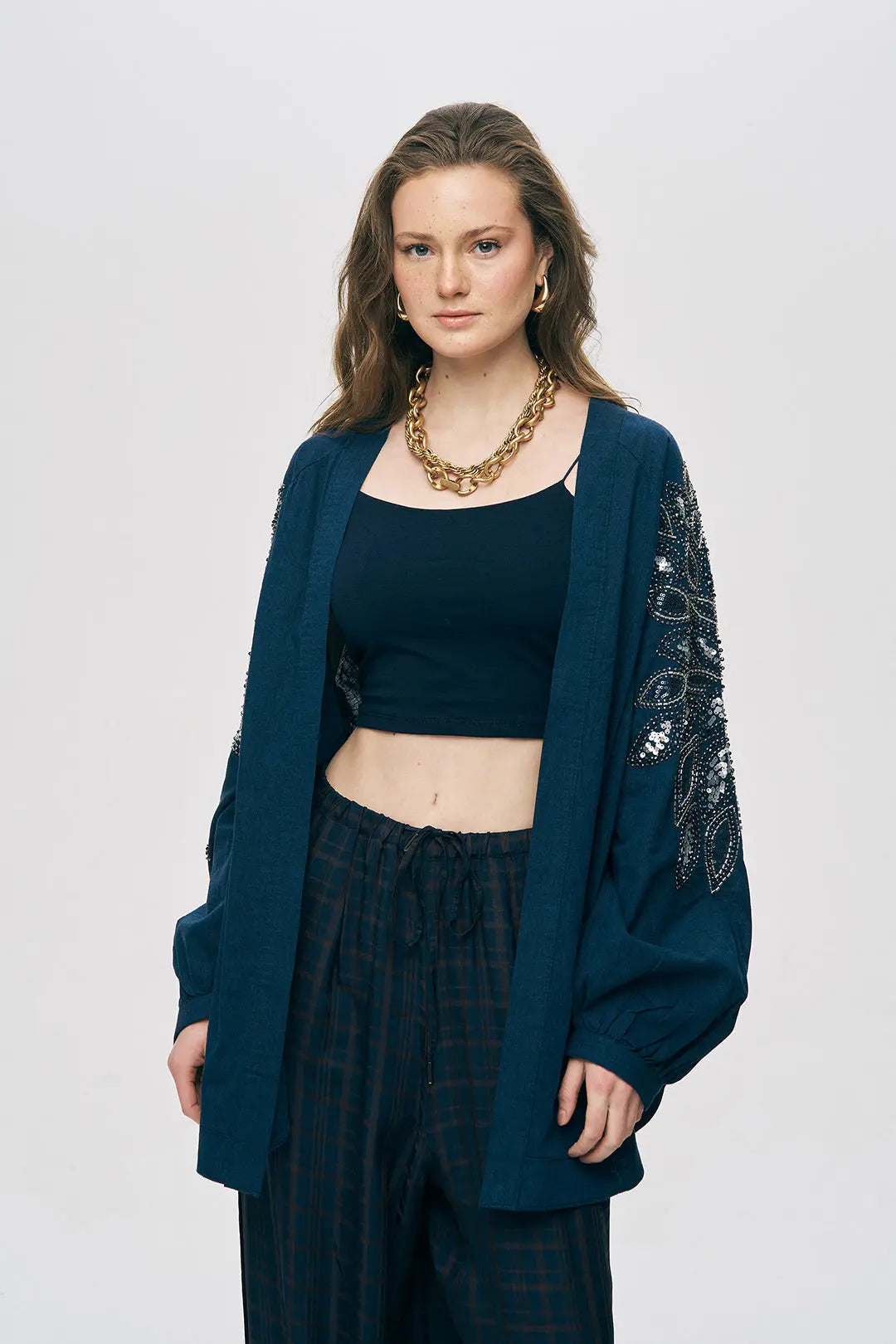 Lacivert Sırtı Nakış ve Pul İşlemeli Oversize Kimono ORFEONEGRO