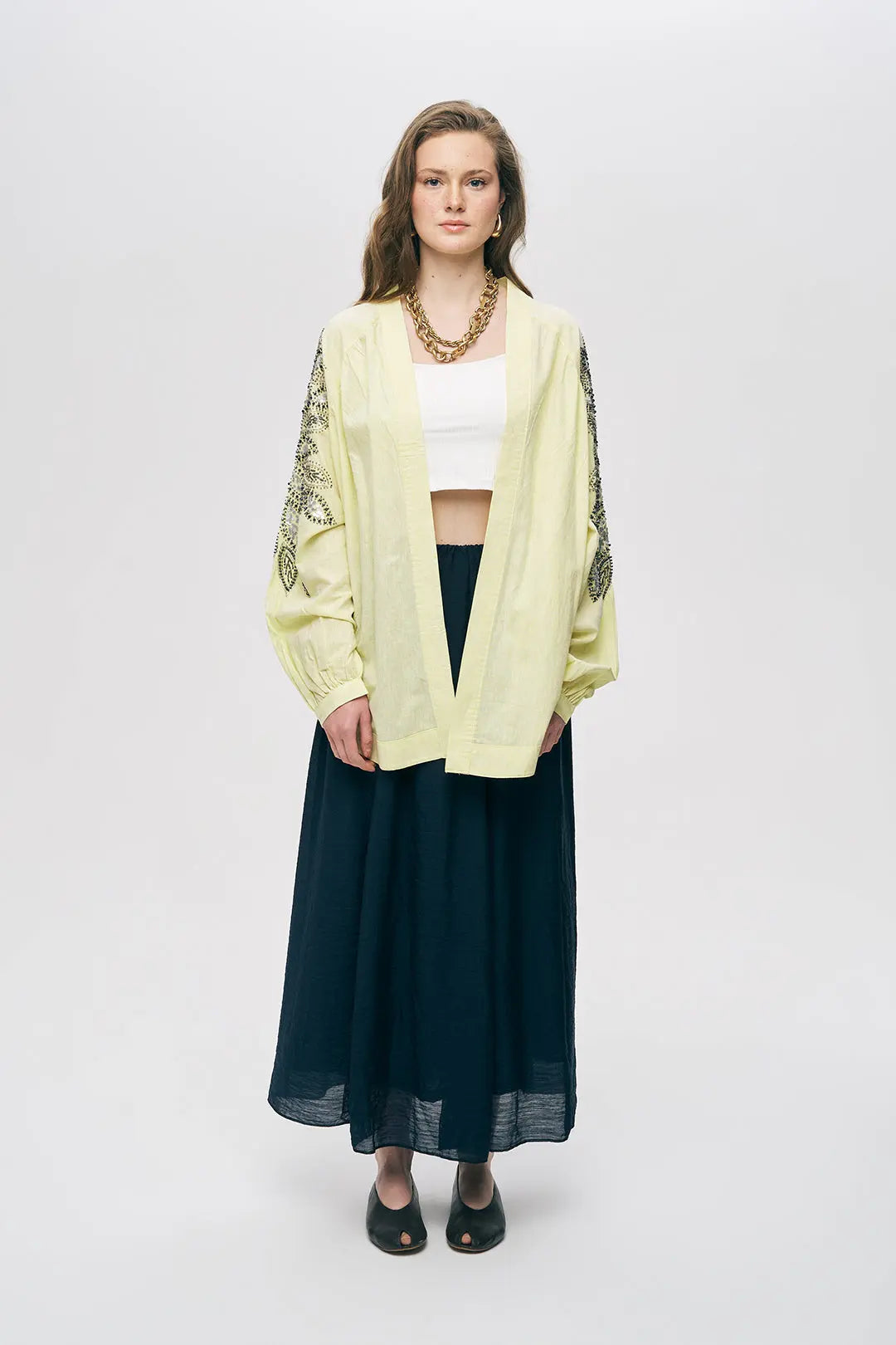 Sarı Sırtı Nakış ve Pul İşlemeli Oversize Kimono ORFEONEGRO