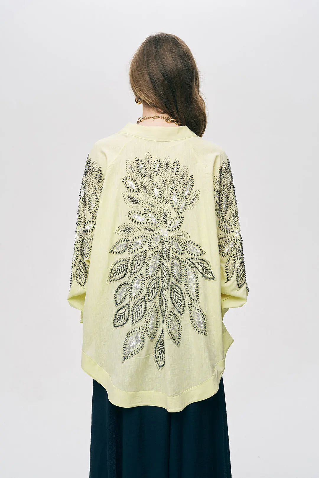 Sarı Sırtı Nakış ve Pul İşlemeli Oversize Kimono ORFEONEGRO