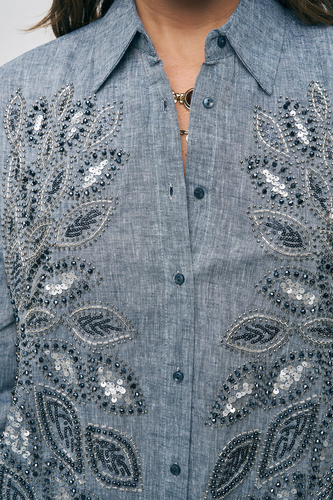 Antrasit Pul ve Boncuk İşlemeli Gömlek