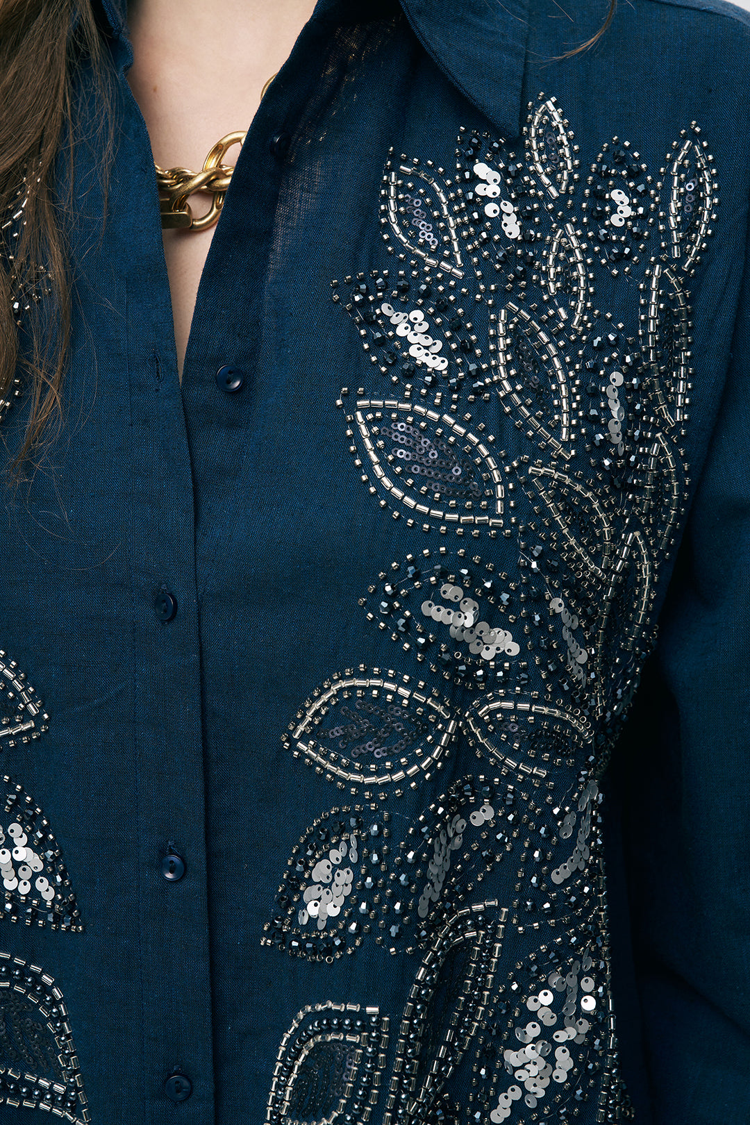 Lacivert Pul ve Boncuk İşlemeli Gömlek