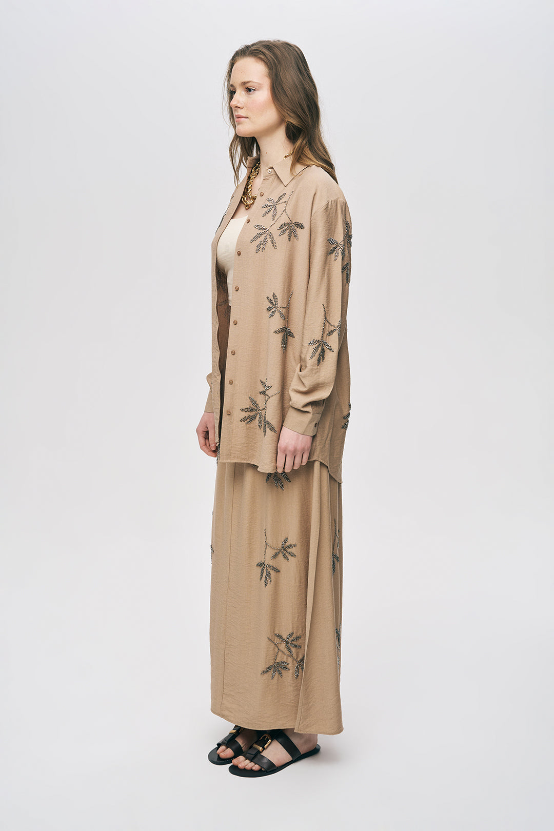 Orfeonegro Bej Yaprak Nakışlı Oversize Gömlek