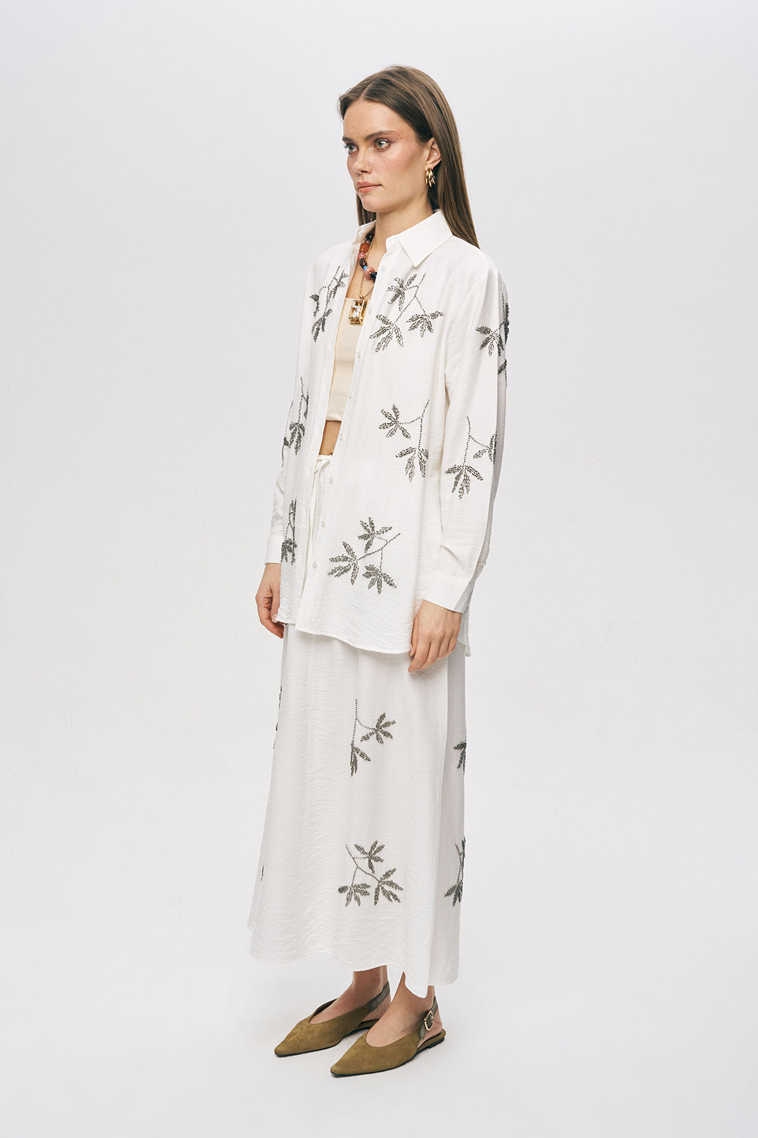 Orfeonegro Ekru Yaprak Nakışlı Oversize Gömlek