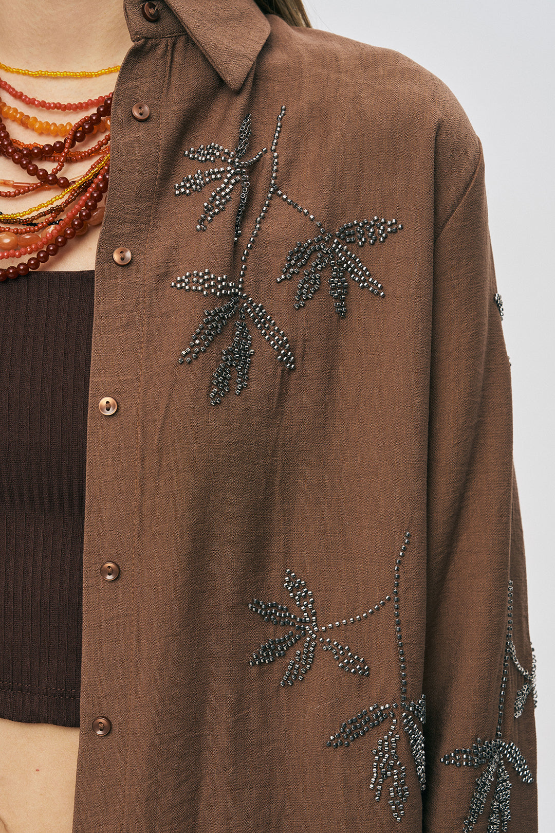 Orfeonegro Kahverengi Yaprak Nakışlı Oversize Gömlek