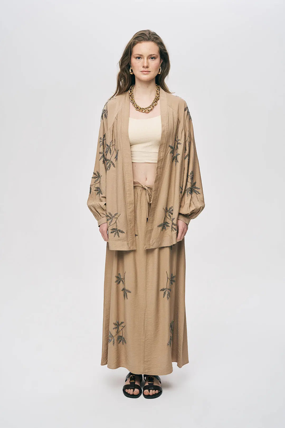 Orfeonegro Bej Yaprak Nakışlı Oversize Kimono ORFEONEGRO