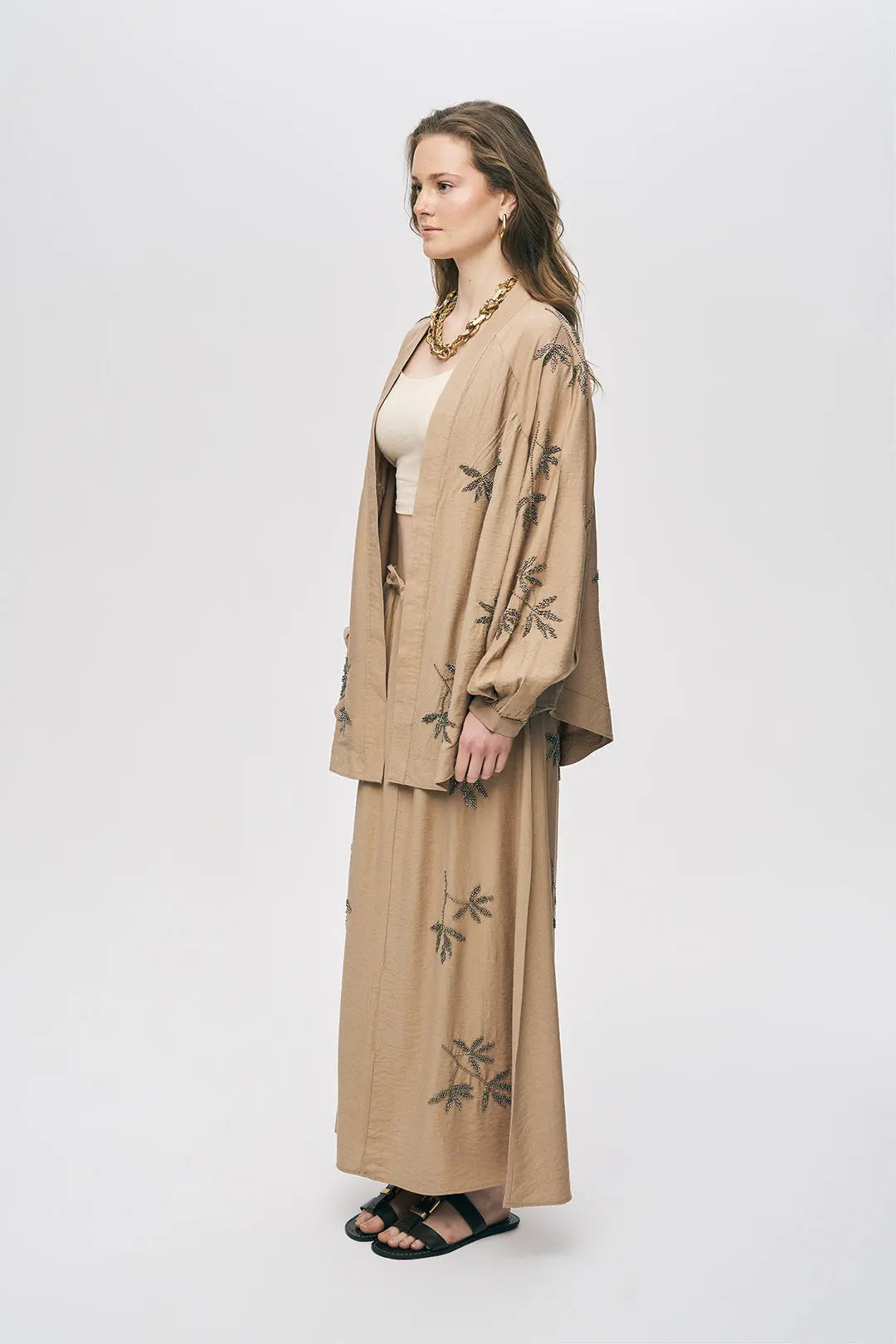 Orfeonegro Bej Yaprak Nakışlı Oversize Kimono ORFEONEGRO