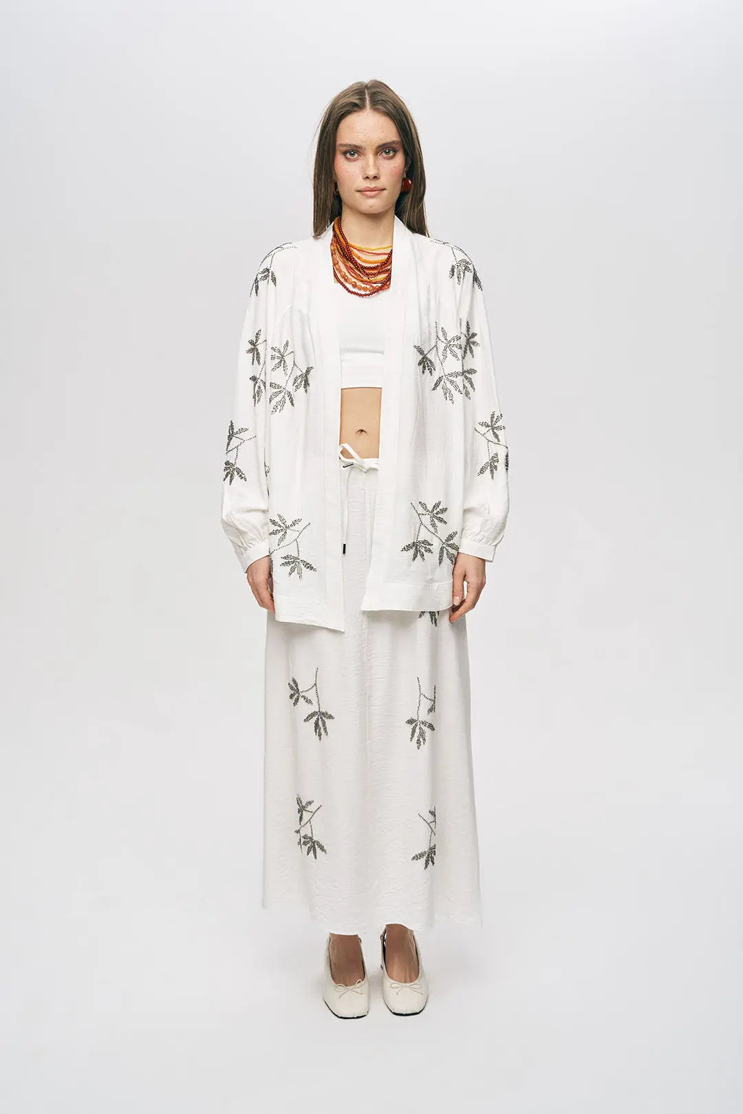 Orfeonegro Ekru Yaprak Nakışlı Oversize Kimono ORFEONEGRO
