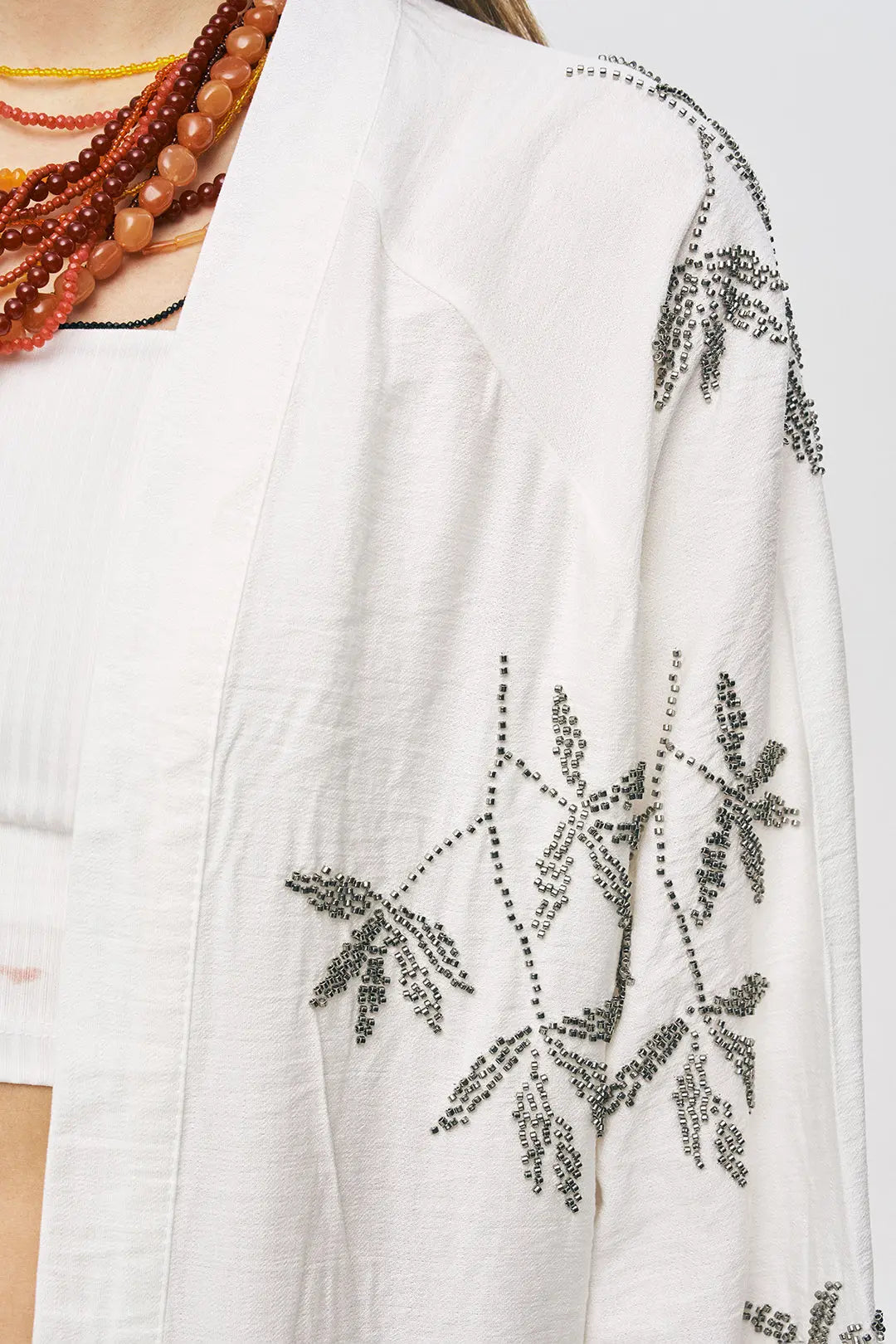 Orfeonegro Ekru Yaprak Nakışlı Oversize Kimono ORFEONEGRO