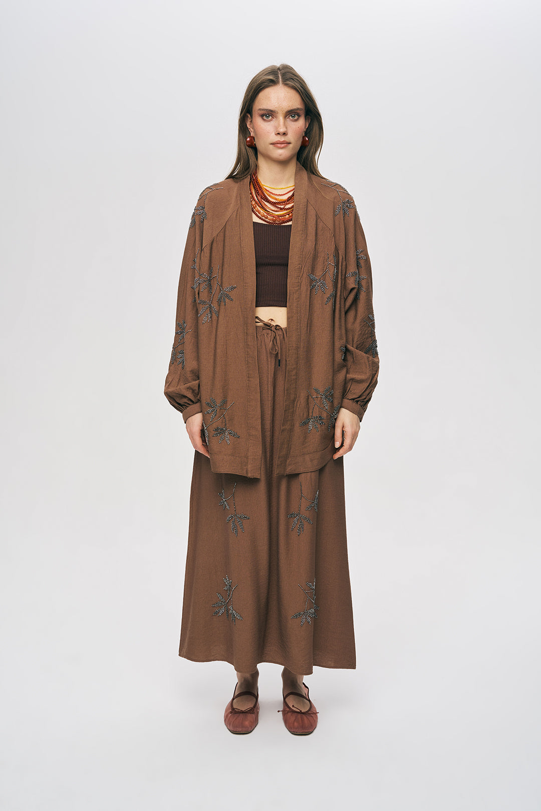 Orfeonegro Kahverengi Yaprak Nakışlı Oversize Kimono ORFEONEGRO