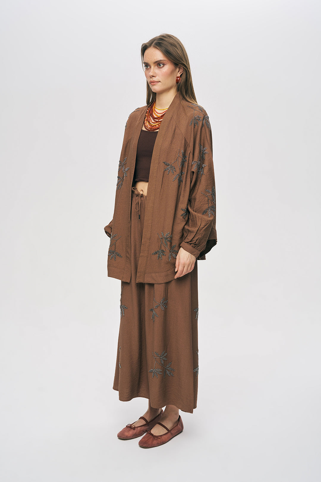 Orfeonegro Kahverengi Yaprak Nakışlı Oversize Kimono ORFEONEGRO