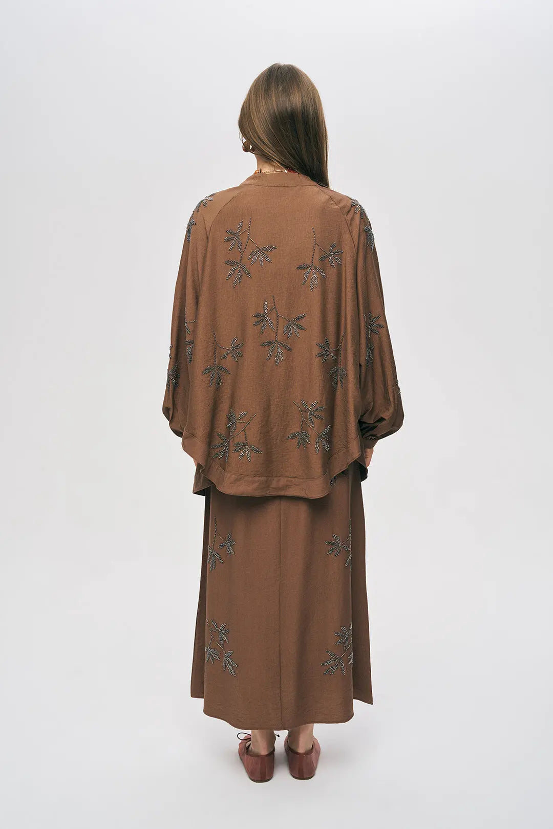 Orfeonegro Kahverengi Yaprak Nakışlı Oversize Kimono ORFEONEGRO