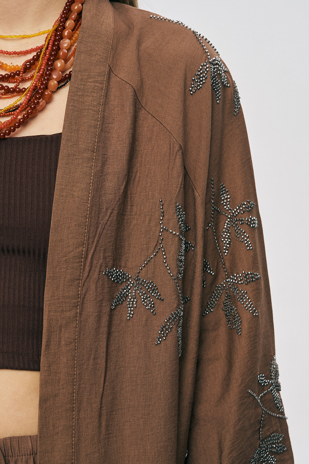 Orfeonegro Kahverengi Yaprak Nakışlı Oversize Kimono ORFEONEGRO