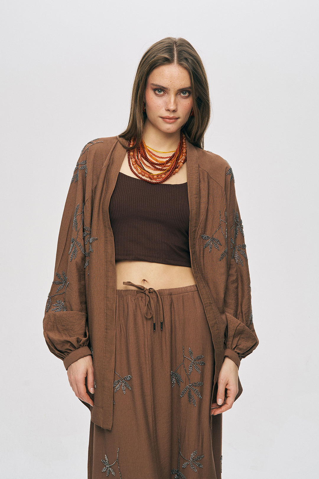 Orfeonegro Kahverengi Yaprak Nakışlı Oversize Kimono ORFEONEGRO