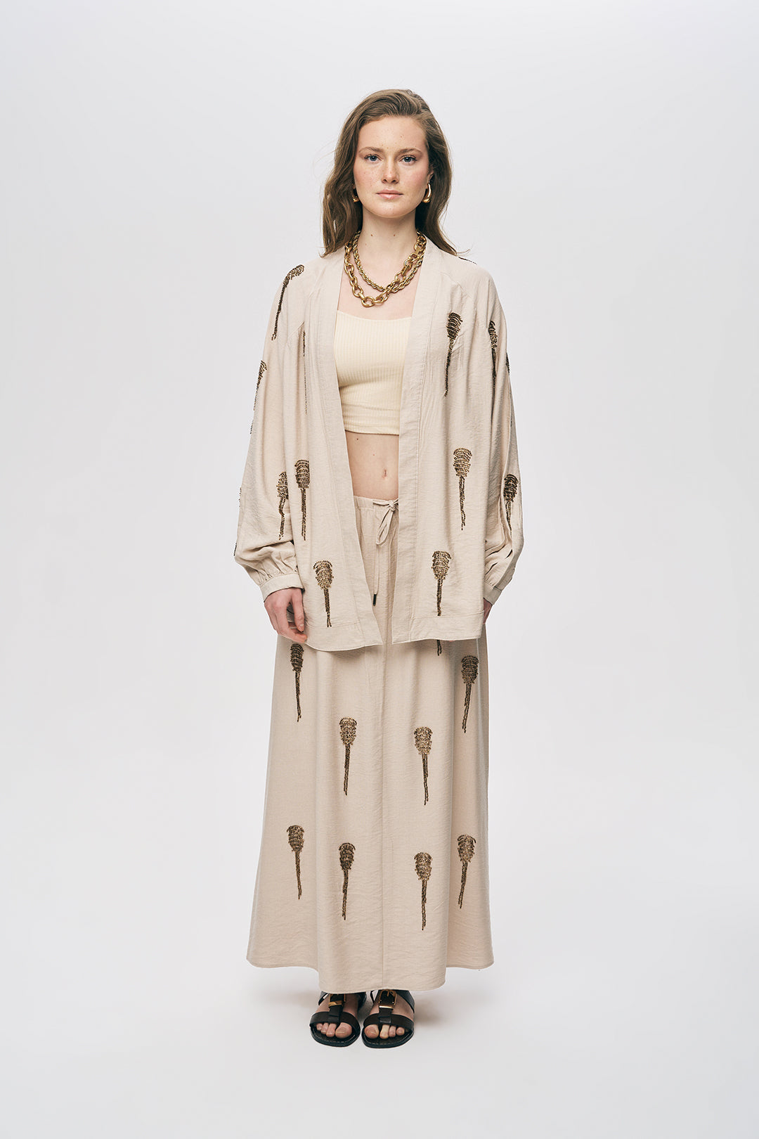 Orfeonegro Boncuk İşlemeli Açık Bej Kimono