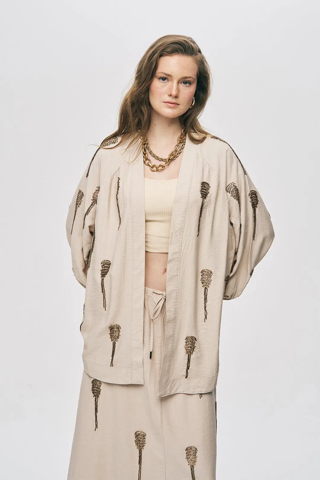 Orfeonegro Boncuk İşlemeli Açık Bej Kimono ORFEONEGRO