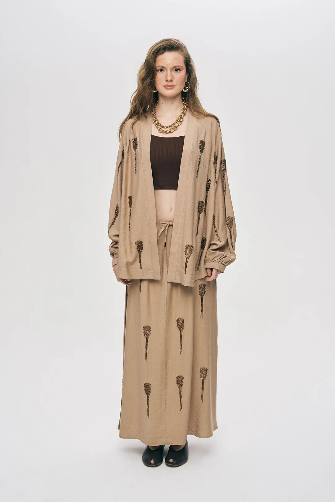 Orfeonegro Boncuk İşlemeli Bej Kimono ORFEONEGRO