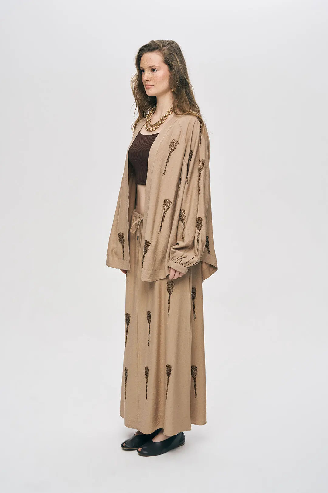 Orfeonegro Boncuk İşlemeli Bej Kimono ORFEONEGRO