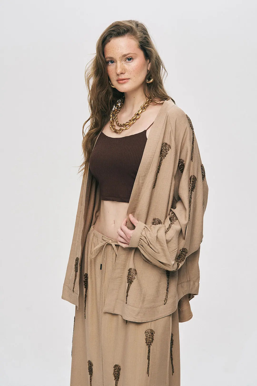 Orfeonegro Boncuk İşlemeli Bej Kimono ORFEONEGRO
